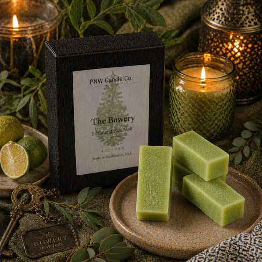 PNW Candle Co Bowery scented wax tart, decorative wax melts with floral and citrus design, ideal for home fragrance.
