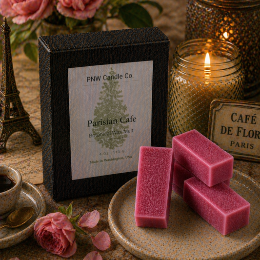 PNW Candle Co Parisian Cafe wax tart, a scented wax melt with a Parisian cafe design, ideal for home fragrance.