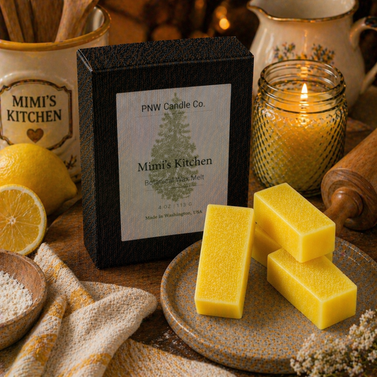 PNW Candle Co Mimi's Kitchen lemon wax tart with bright yellow color and citrus scent, perfect for home fragrance.