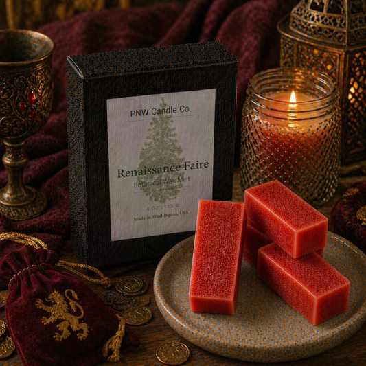PNW Candle Co Renaissance Faire wax tart in a decorative wax melt, showcasing a colorful, detailed design for fragrant home use.
