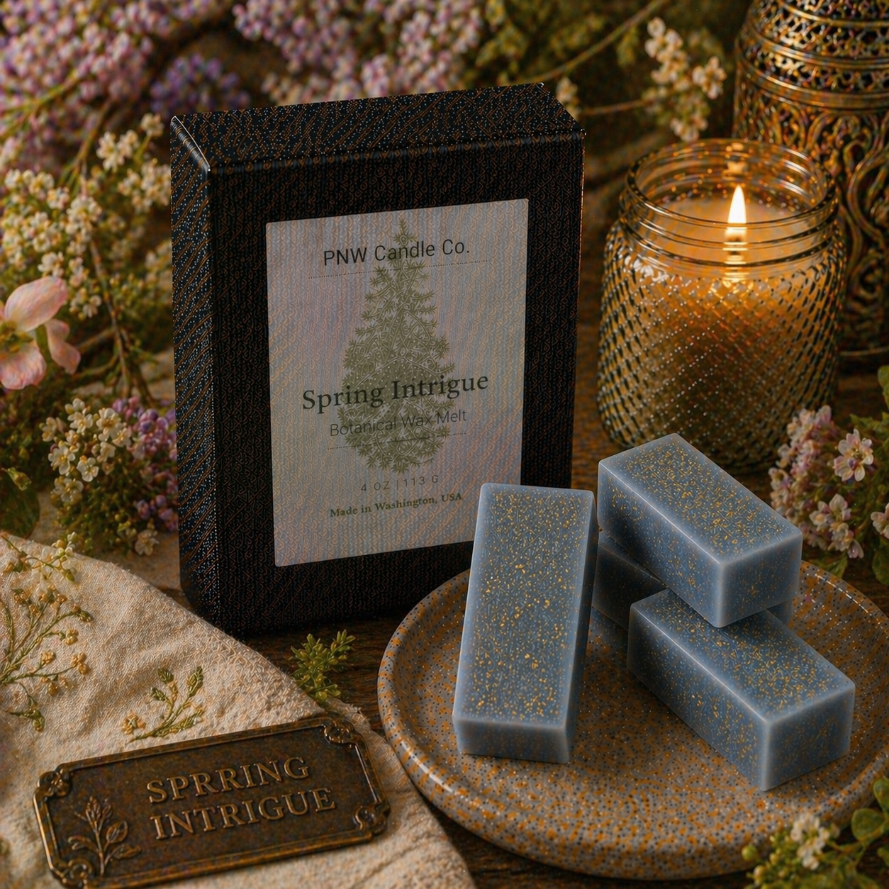 Spring Intrigue wax tart from PNW Candle Co, showcasing a floral-scented wax melt in a decorative tart shape.