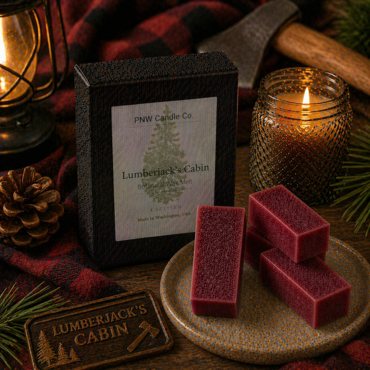 PNW Candle Co Lumberjack's Cabin wax tart with rustic wood and forest scent, shown in a decorative wax melt shape.