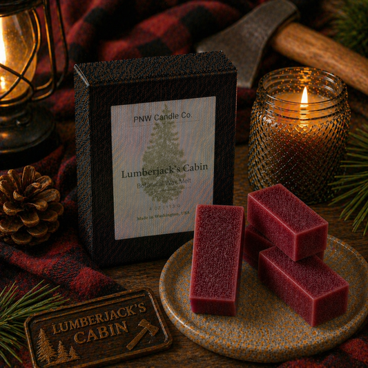 PNW Candle Co Lumberjack's Cabin wax tart with rustic wood and forest scent, shown in a decorative wax melt shape.