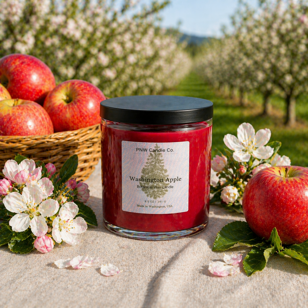 PNW Candle Co Washington Apple scented candle with a white jar and label, showcasing a cozy, apple-themed design.