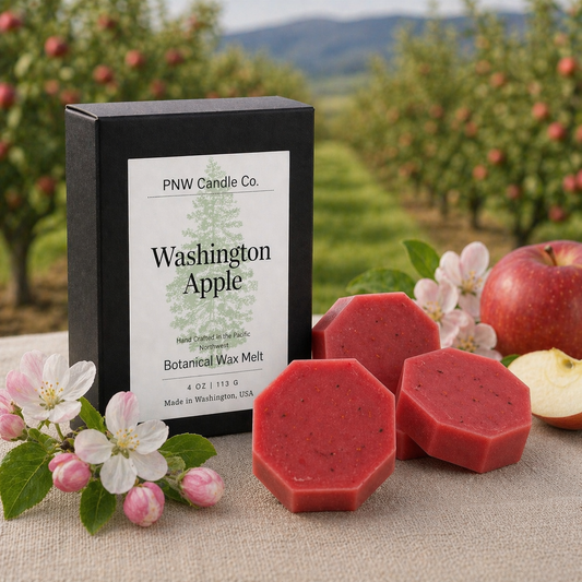 PNW Candle Co Washington Apple wax tart with red and green apple-shaped wax, showcasing a fresh, fruity scent.
