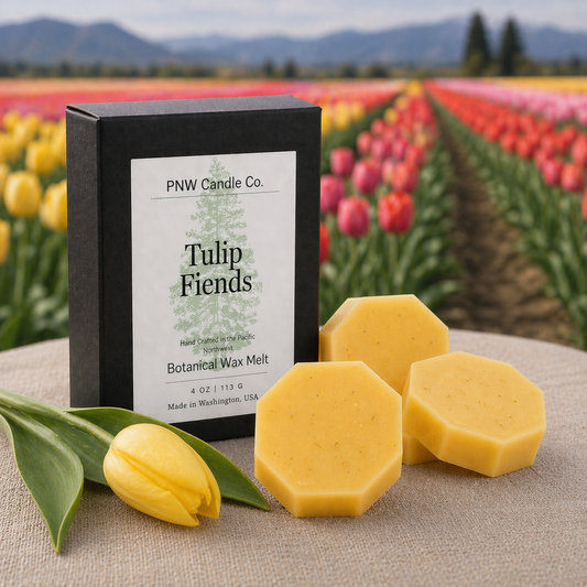 PNW Candle Co Tulip Fields wax tart, a fragrant wax melt with a vibrant tulip design and floral-inspired scent.