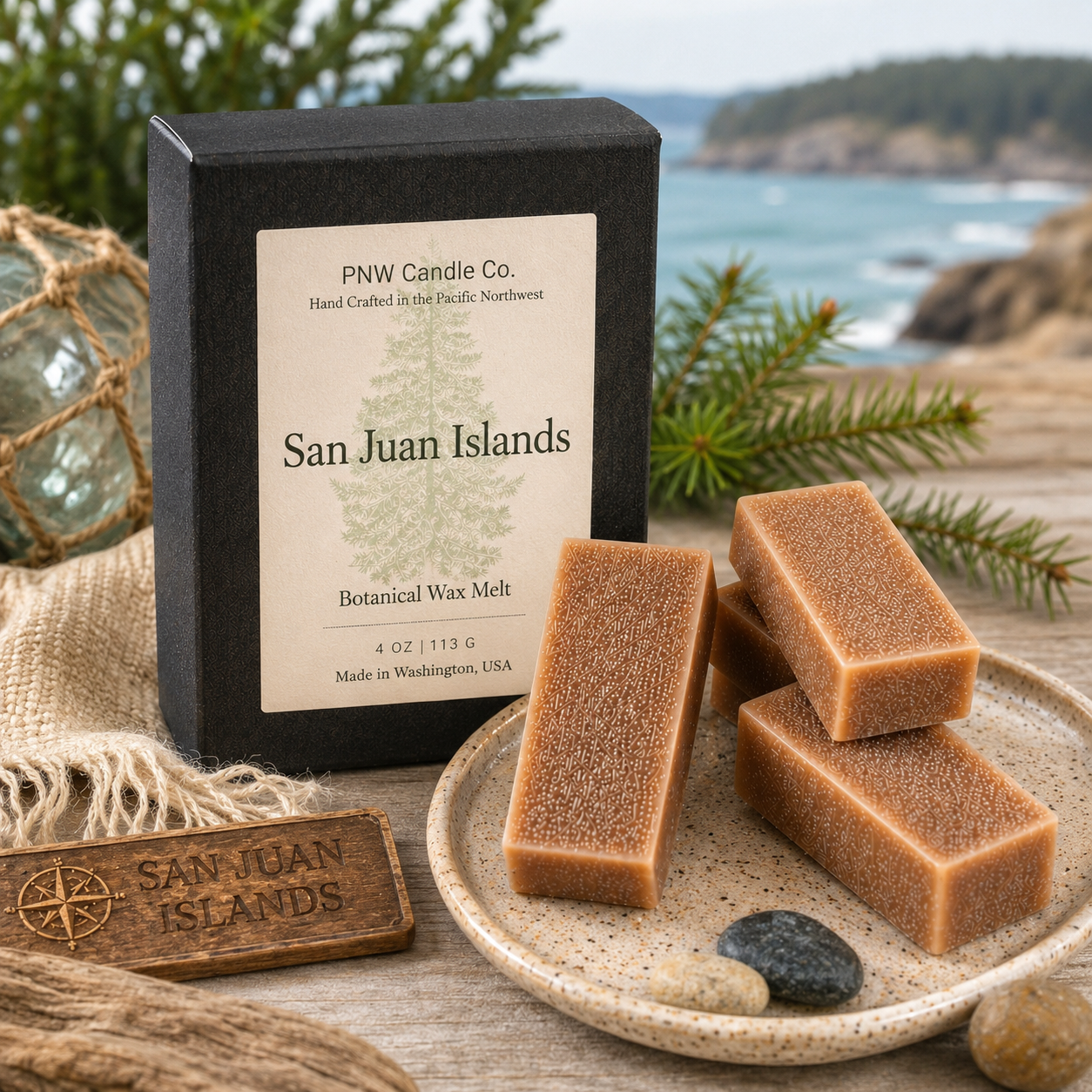 PNW Candle Co San Juan Islands wax tart, soy wax melt with a natural, ocean-inspired design and subtle botanical accents.