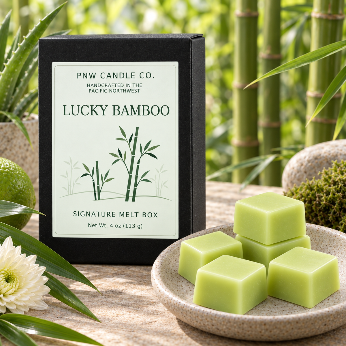 Lucky Bamboo wax melts in a fresh botanical scene with aloe, lime and cantaloupe.