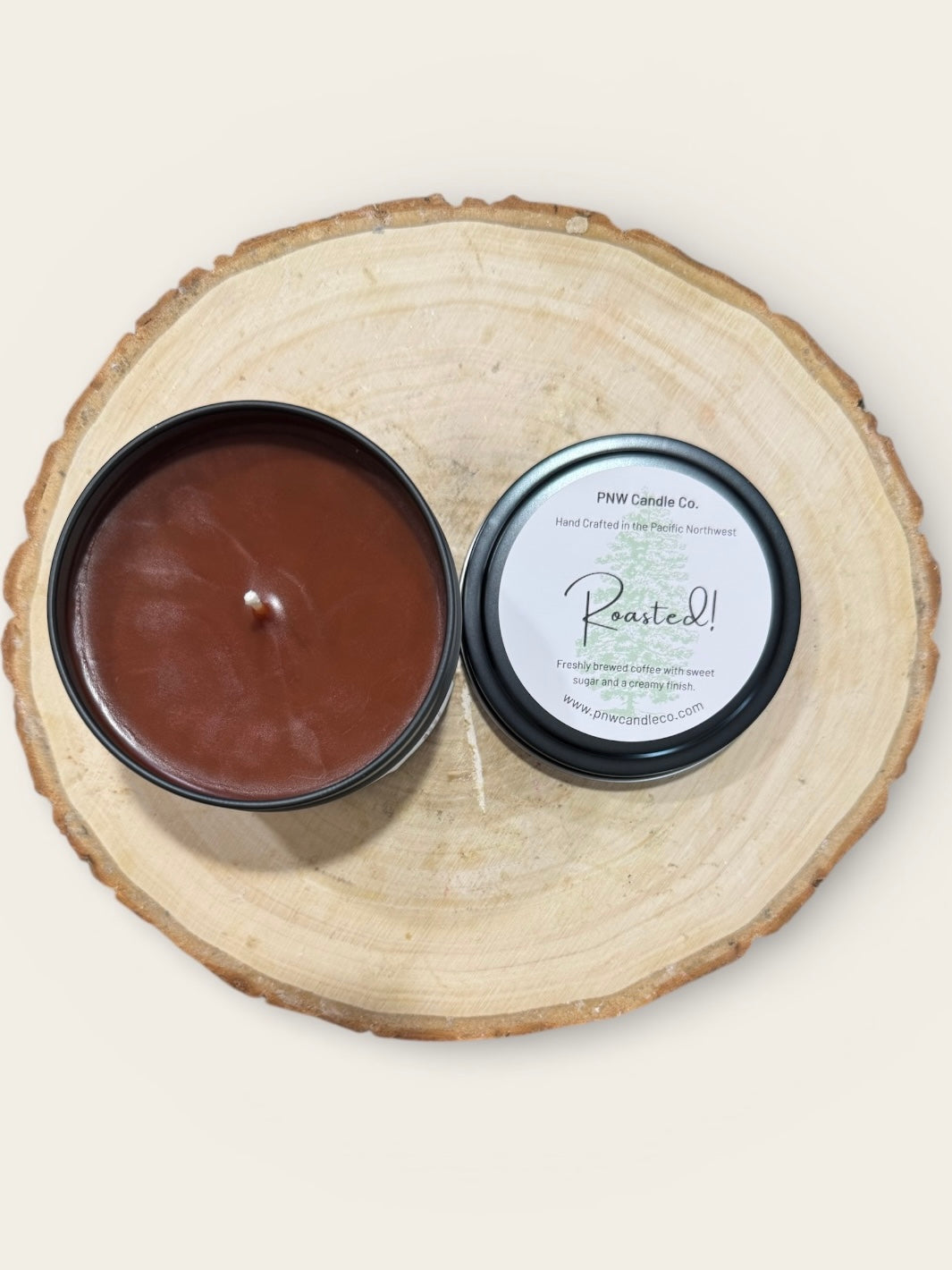 PNW Candle Co Roasted! scented candle in a glass jar with a warm, inviting coffee and firewood aroma, ready for cozy spaces.