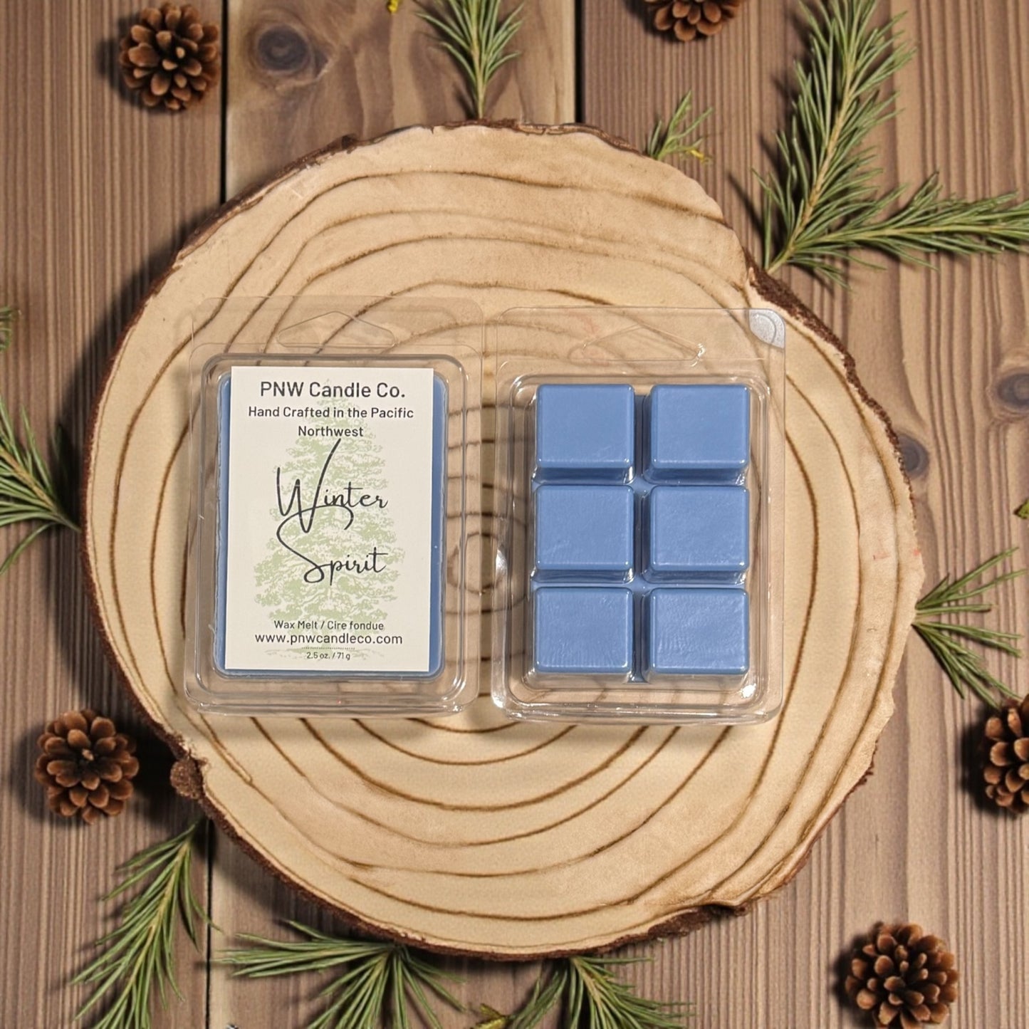 PNW Candle Co Winter Spirit wax tart, warm holiday scent, showing a festive wax melt with winter-themed packaging.