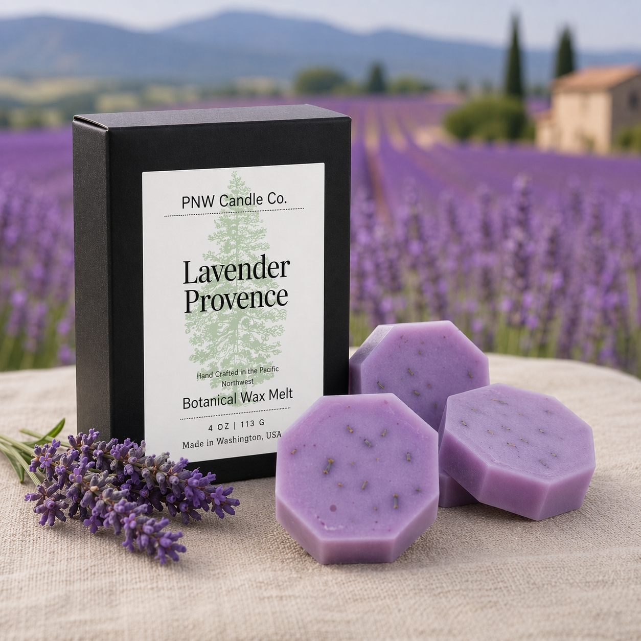 Lavender Provence wax tart by PNW Candle Co, scented wax melt with purple lavender visual and floral design.