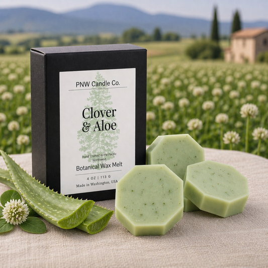 Clover and aloe scented wax tart from PNW Candle Co featuring a floral and herbal design in a wax melt shape.