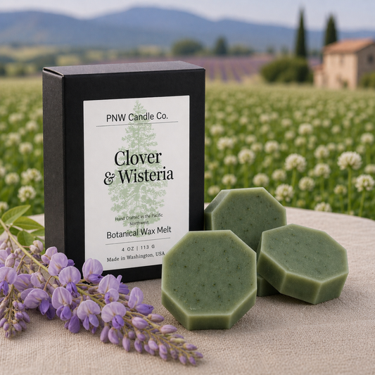 PNW Candle Co Clover & Wisteria wax tart with floral scent, showing a pink flower-shaped wax melt on a white background.