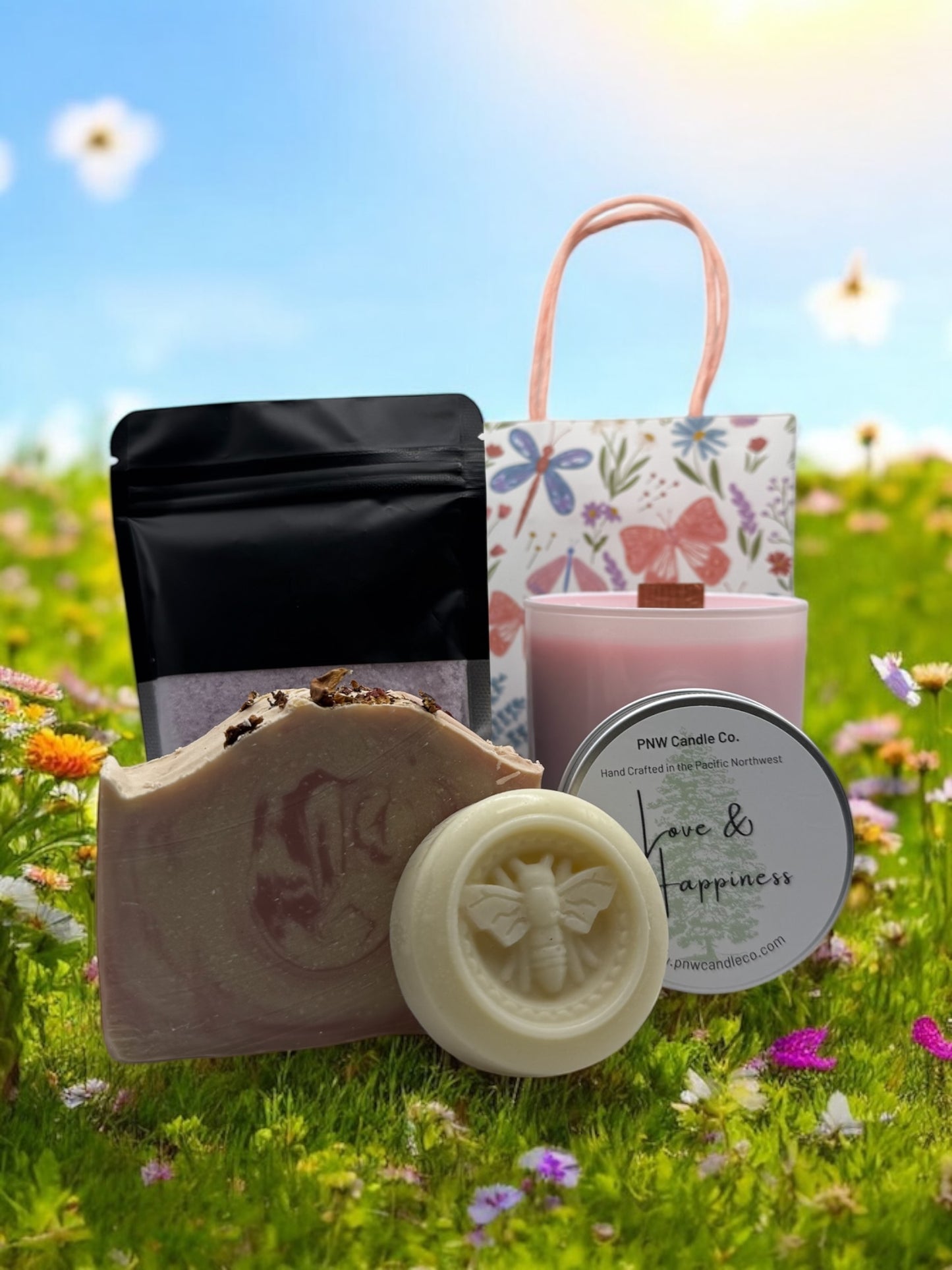 PNW Candle Co Deluxe Relaxation Bundle gift set with candles, cozy accessories, and relaxation essentials.