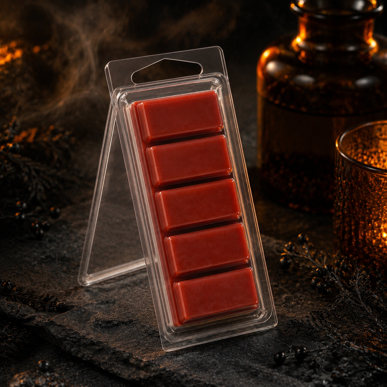 Ancient Mystery five-section Snapbar wax melt in a clear hinged container with dark botanical styling