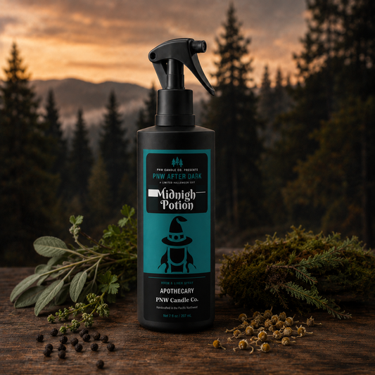 Apothecary room and linen spray with herbs in a Pacific Northwest forest setting