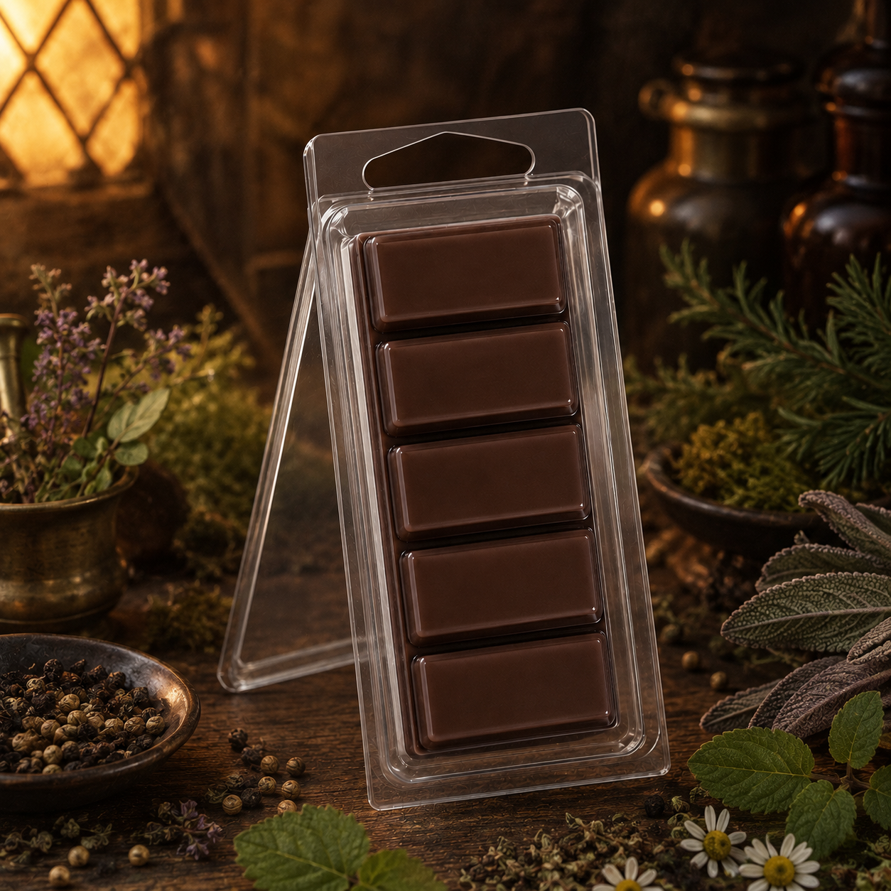 Dark brown Apothecary 2 oz five-piece Snapbar with sage, moss, peppercorn and balsam styling