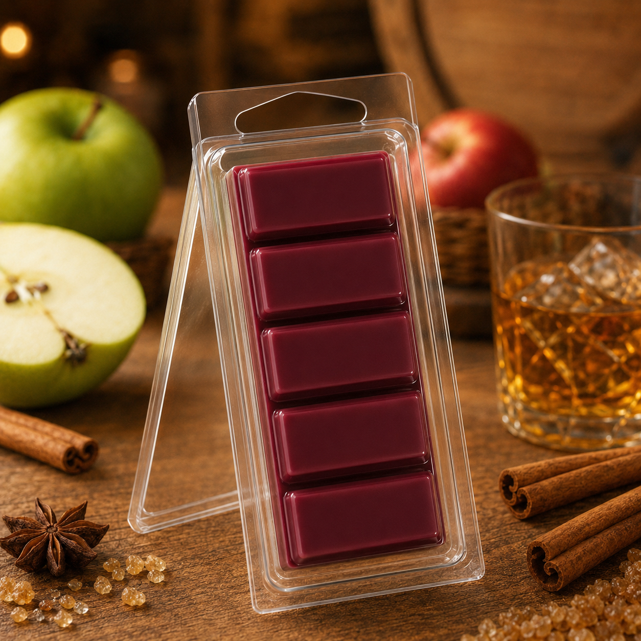 Deep burgundy Apple Bourbon 1.5 oz five-piece Snapbar with apples, bourbon and warm spices