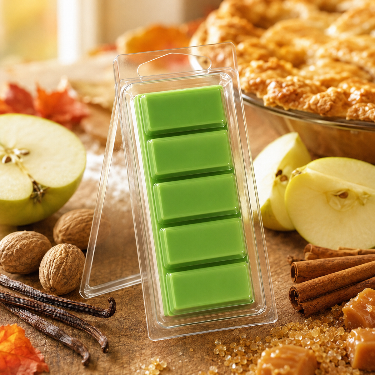 Bright green 1.5 oz Apple Pie five-piece Snapbar in a clear hinged container