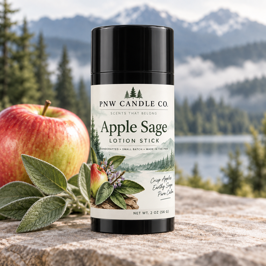 Apple Sage 2 oz lotion stick by PNW Candle Co. in a black round twist-up tube with apple and sage