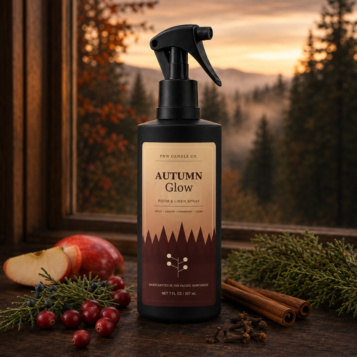 Autumn Glow Room & Linen Spray in a matte black bottle with apple, cranberry, juniper, cinnamon, cedar, and a golden Pacific Northwest sunset.