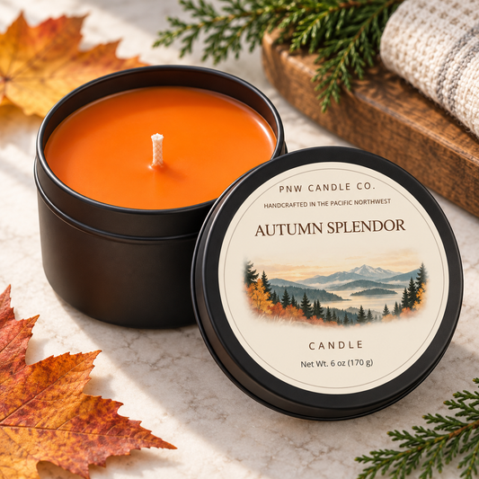 Autumn Splendor 6 oz candle tin with bright orange wax and updated PNW Candle Co. label