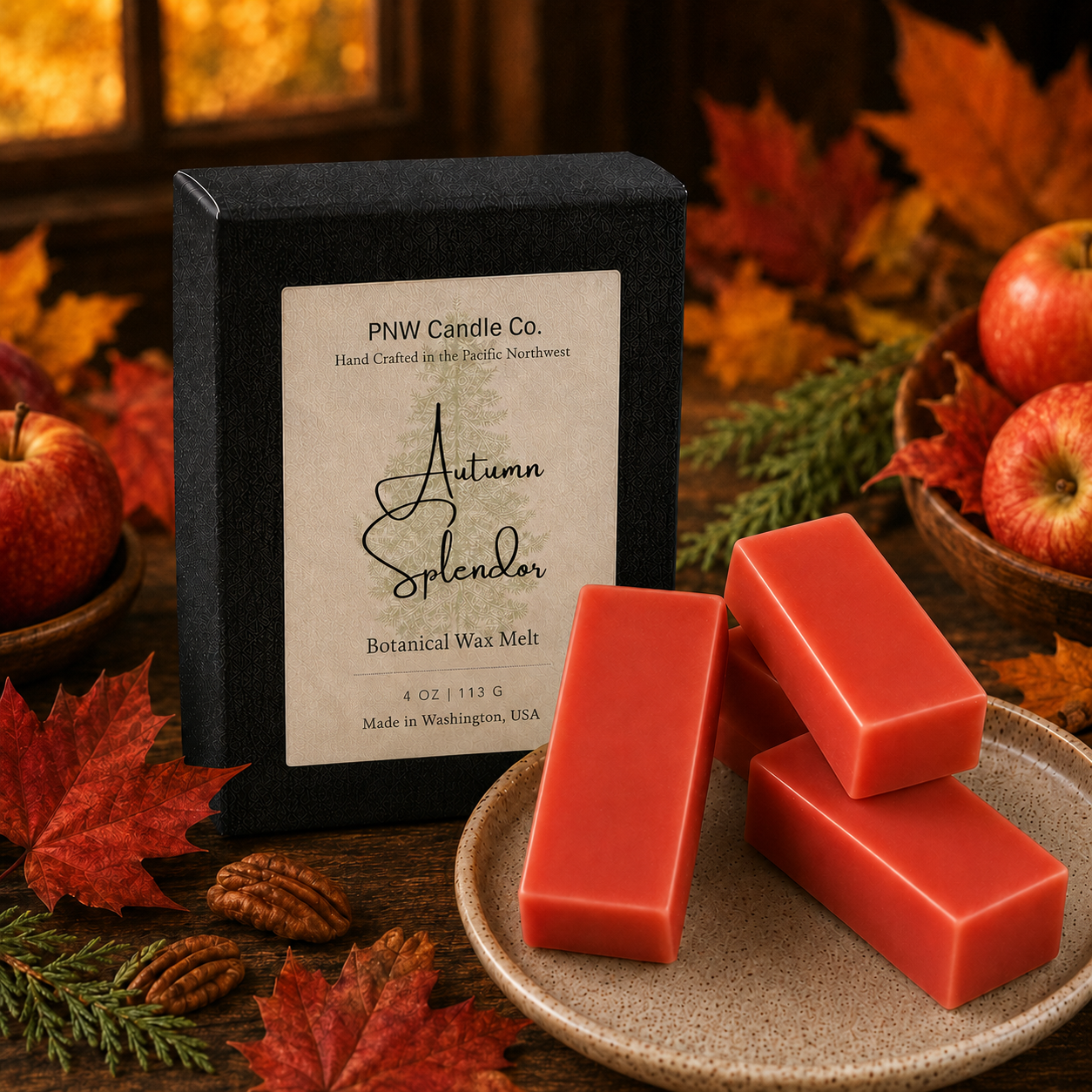 Autumn Splendor Signature Melt Box with a black-lettered label and four rectangular wax melts