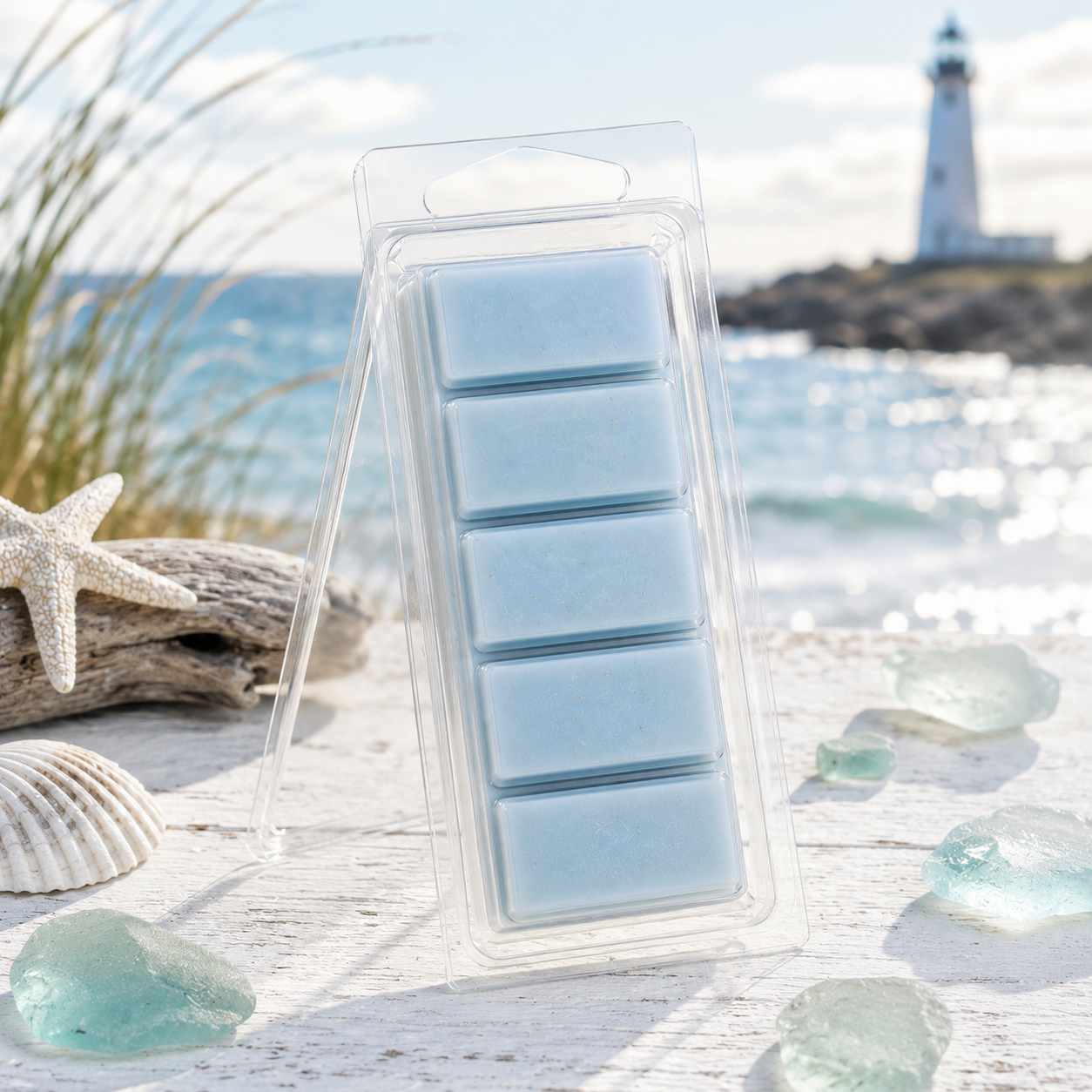 Beach Lighthouse five-section Snapbar wax melt in a clear hinged container styled by the coast