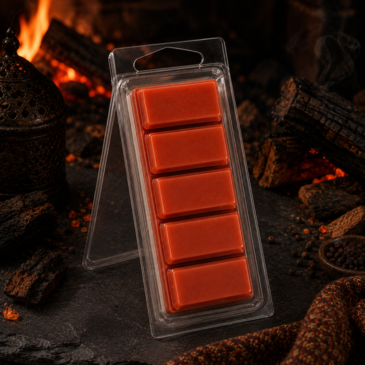 Bonfire five-section Snapbar wax melt in a clear hinged container with ember-lit fireside styling
