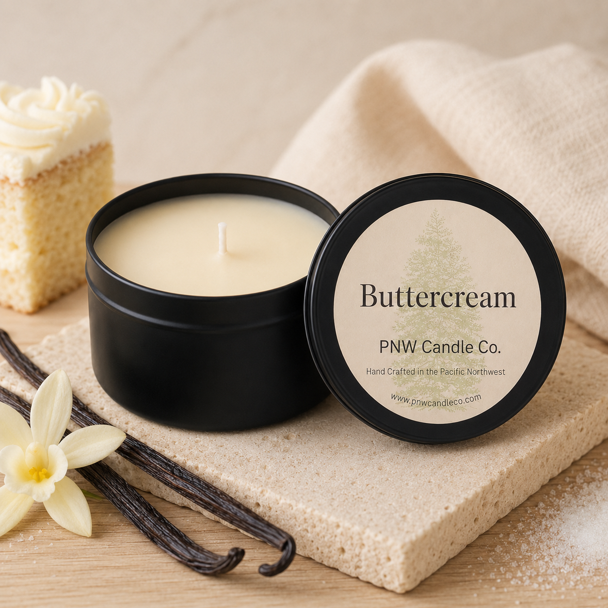 Buttercream scented candle by PNW Candle Co. with ivory wax, vanilla beans, buttercream cake, and sugar.
