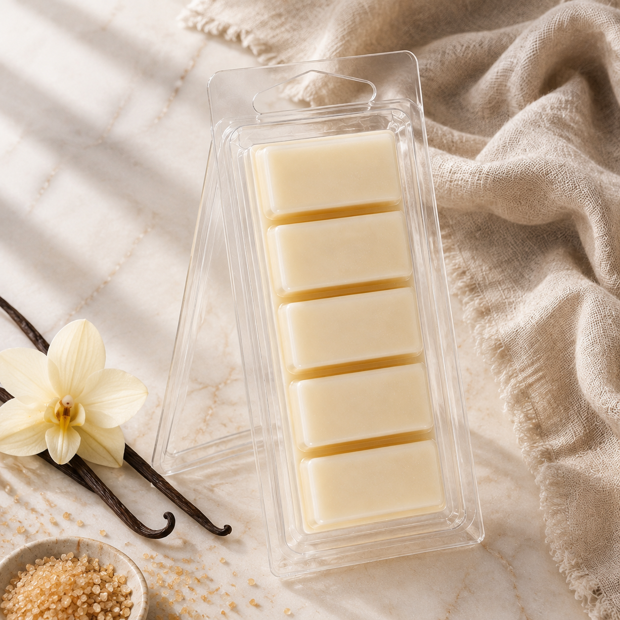 Buttercream five-section Snapbar wax melt in a clear hinged container with bright cream styling
