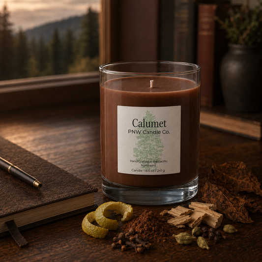 Calumet scented candle by PNW Candle Co with cocoa-brown wax, bergamot peel, spices, cocoa, tobacco leaves, and pale woods.
