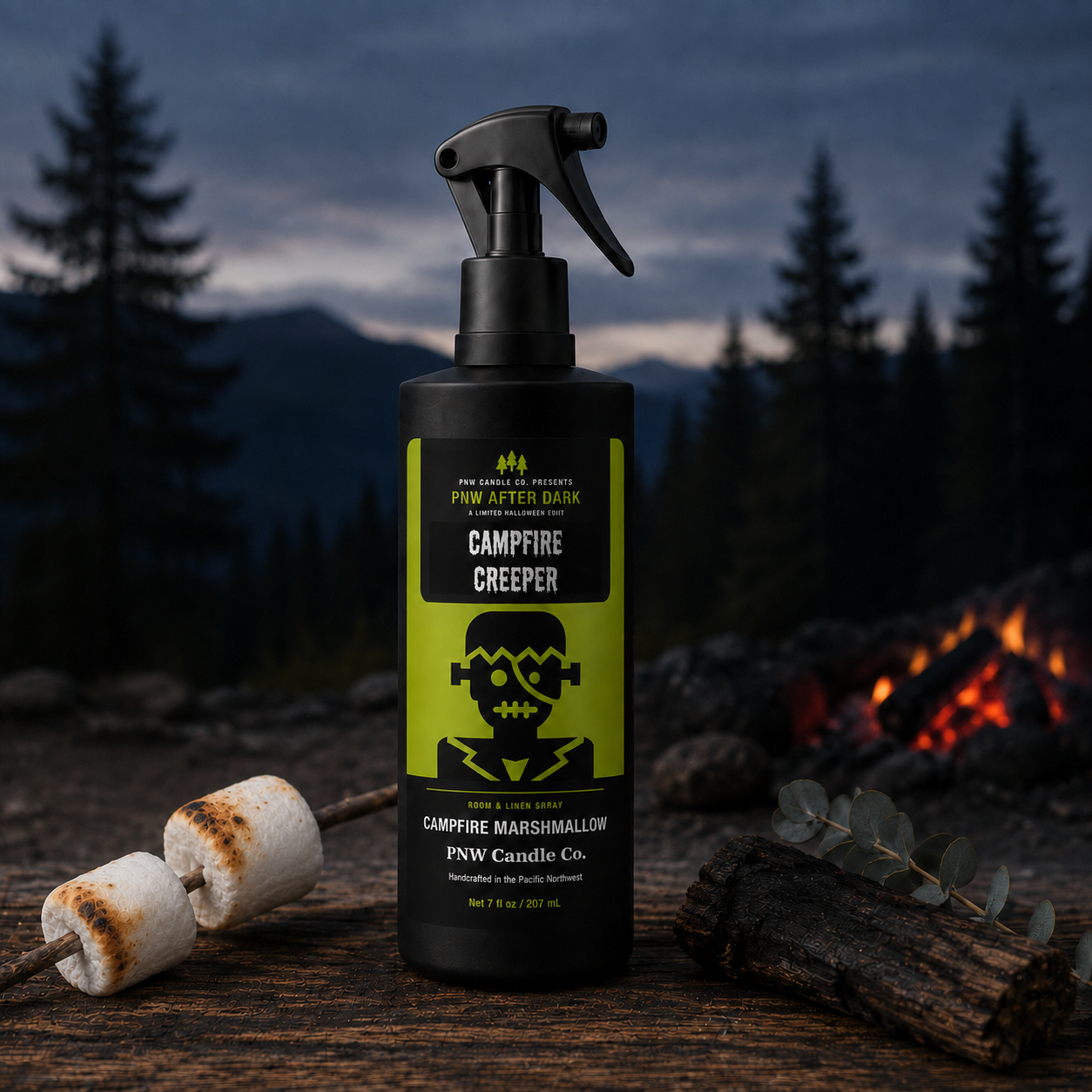 Campfire Marshmallow room and linen spray beside toasted marshmallows and a campfire