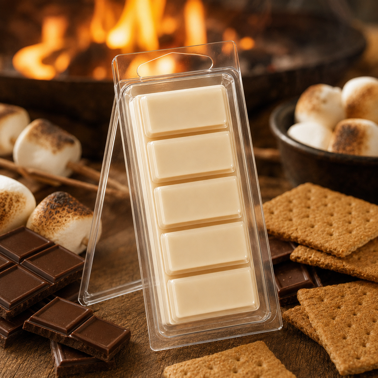Campfire S'mores 2 oz five-piece Snapbar in the standard clear hinged container