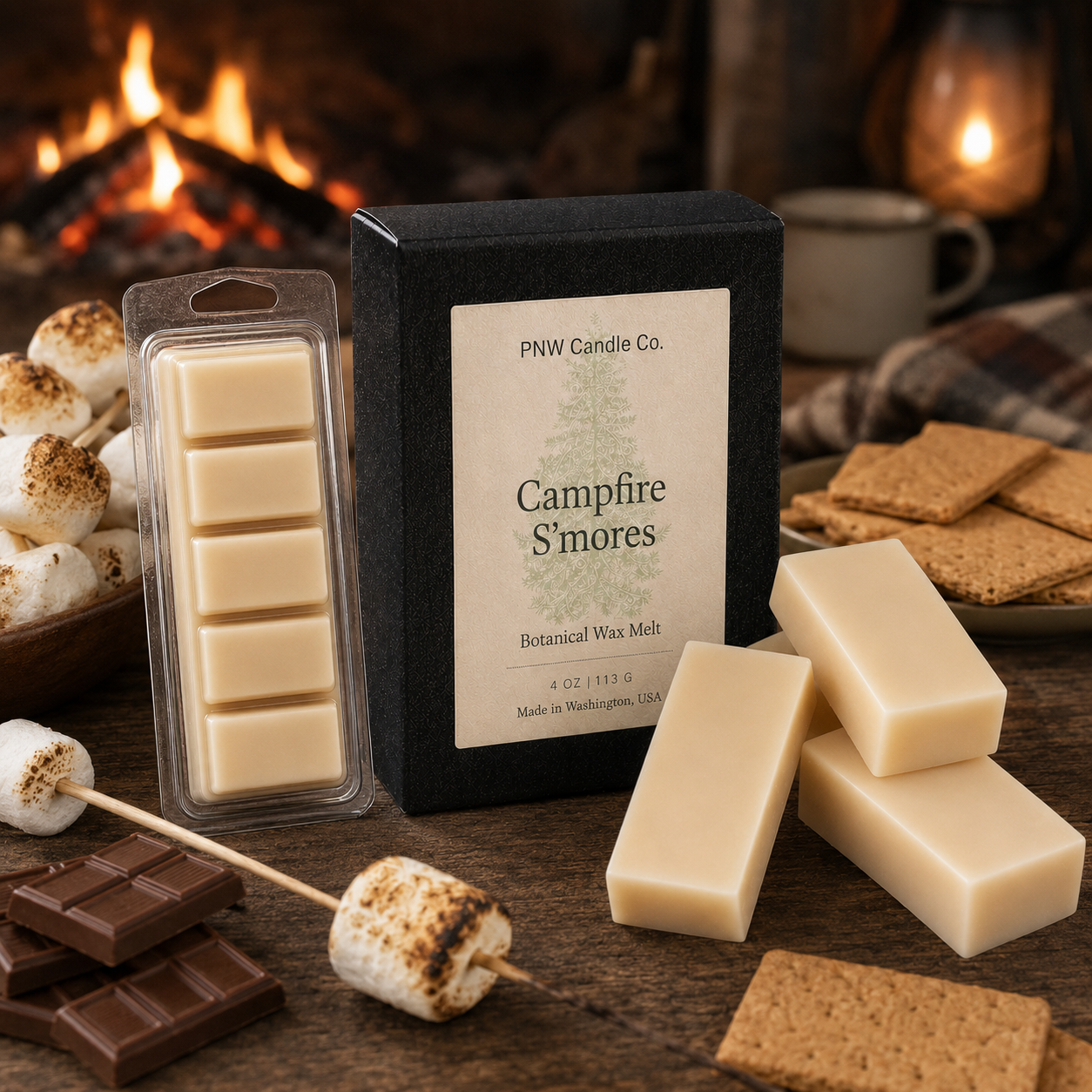 Campfire S'mores five-piece Snapbar and standard Signature Melt Box with four smooth cream wax melts