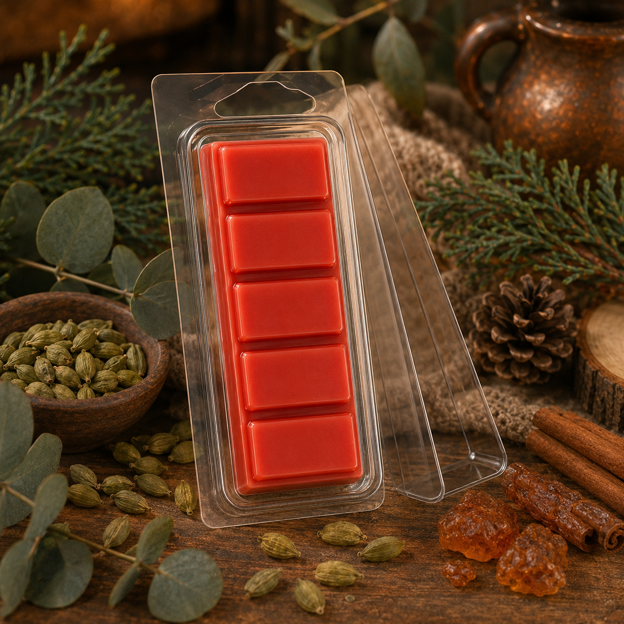 Terracotta-red Cardamom and Cedar five-piece Snapbar with cardamom pods, cedar and warm amber