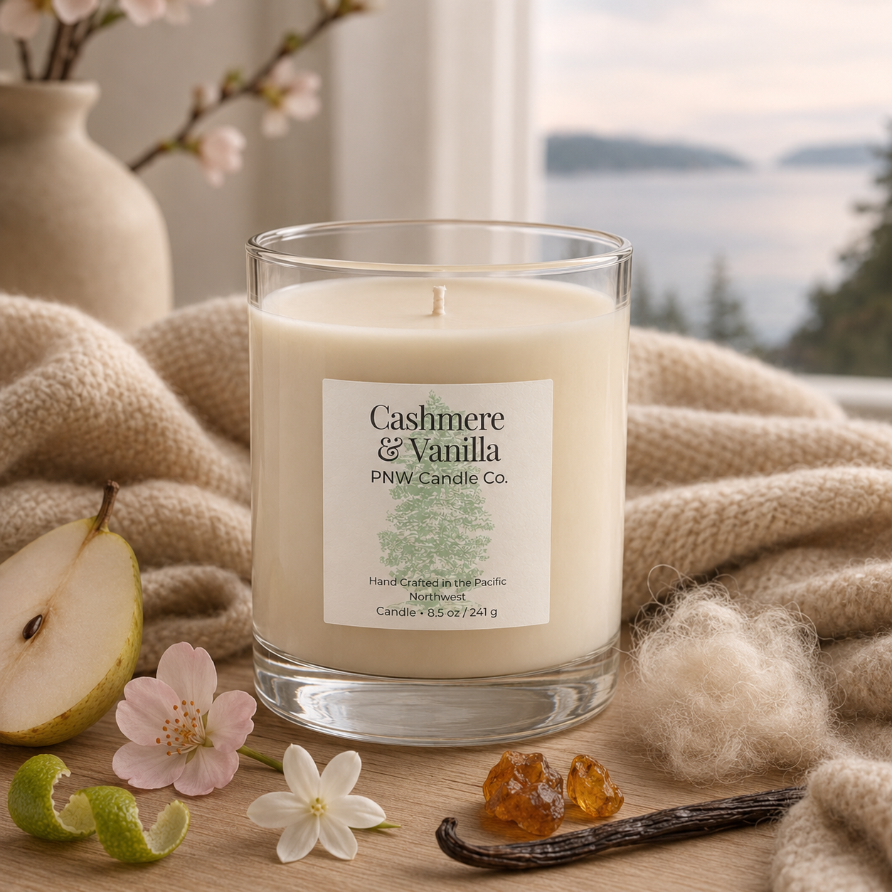 Cashmere & Vanilla scented candle by PNW Candle Co with ivory wax, pear, blossoms, amber, vanilla, and soft cashmere.