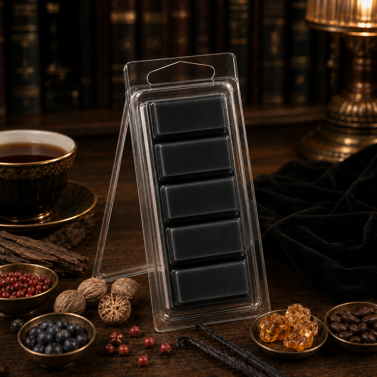 Black Cashmere Noir and Oud 2 oz five-piece Snapbar in the standard clear hinged container