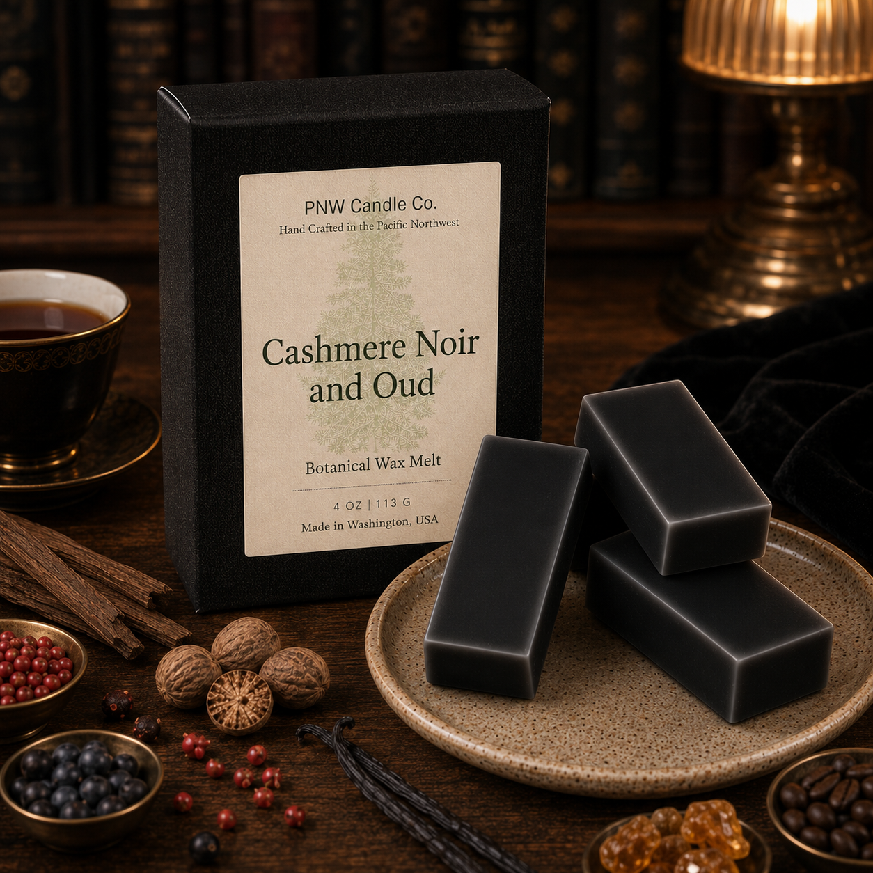 Cashmere Noir and Oud 4 oz Signature Melt Box with four smooth black wax melts