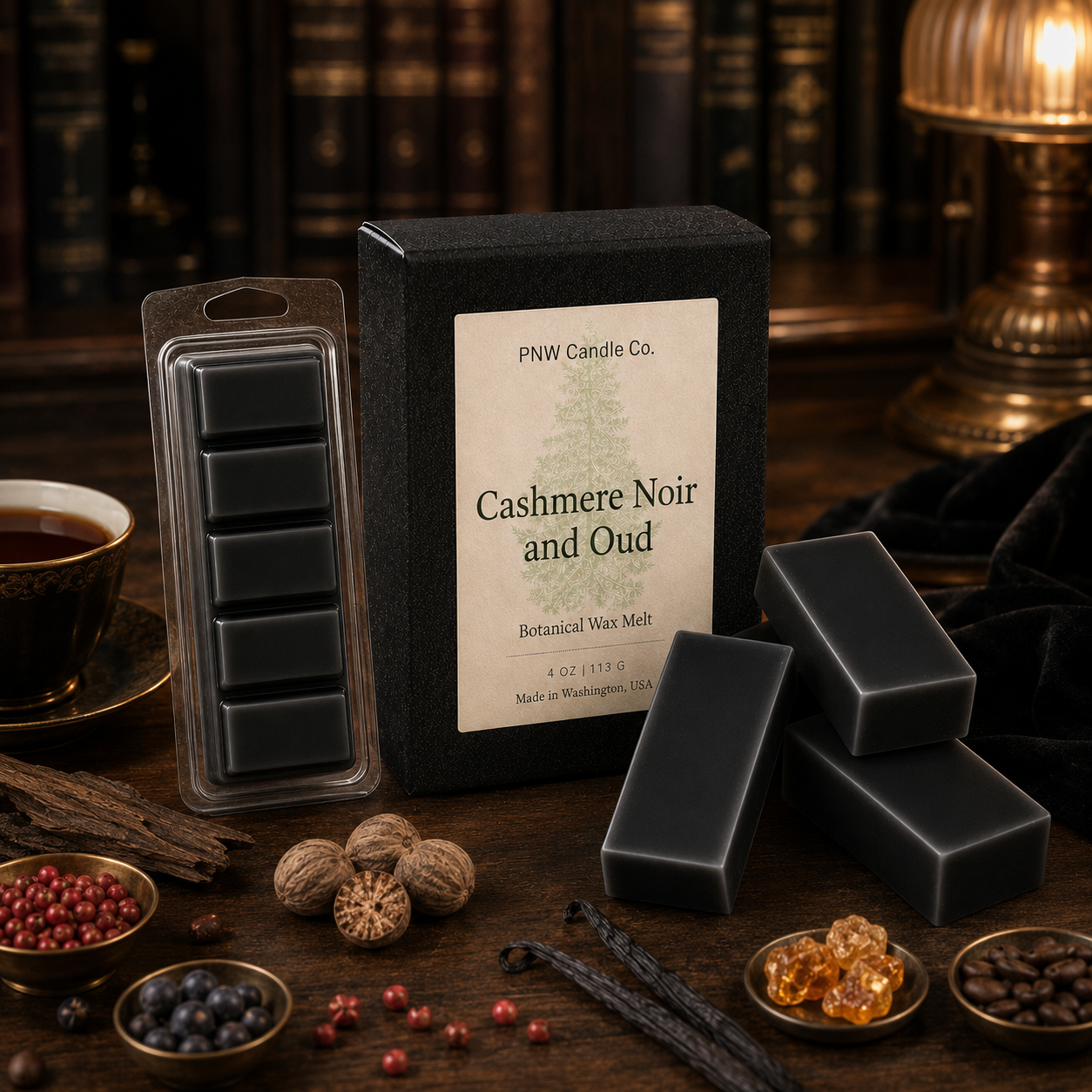 Black Cashmere Noir and Oud five-piece Snapbar and Signature Melt Box in an elegant library scene