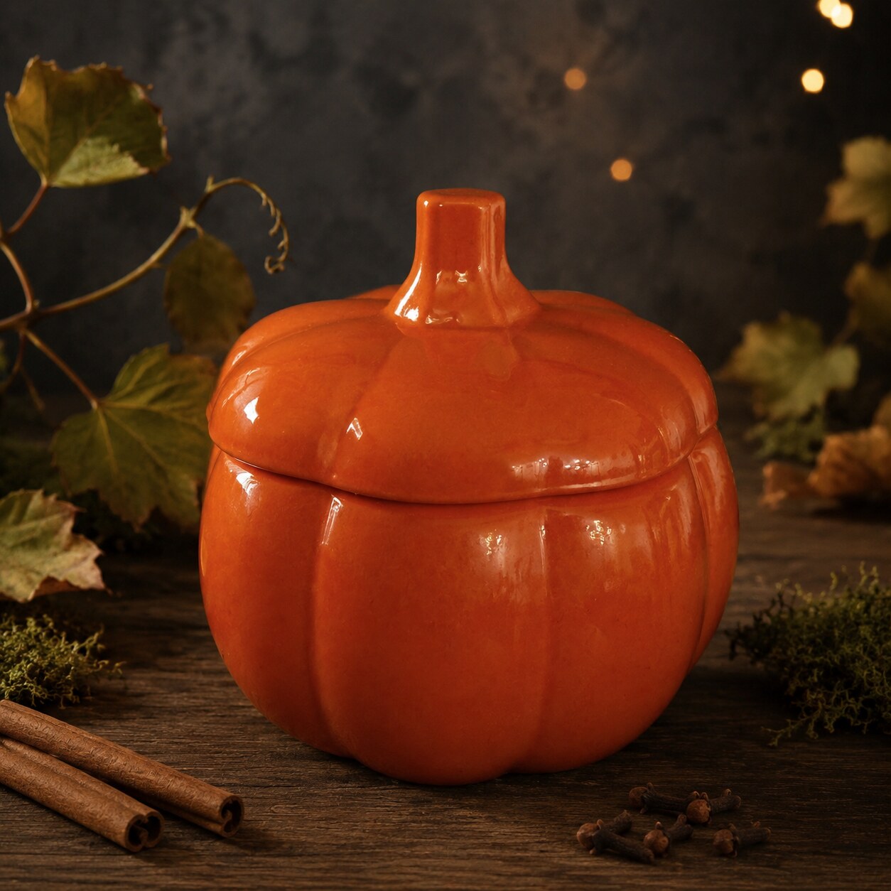 Cashmere Pumpkin 15 oz dual-wick candle in a glossy orange ceramic pumpkin vessel with cinnamon, cloves, moss, and pumpkin vine.