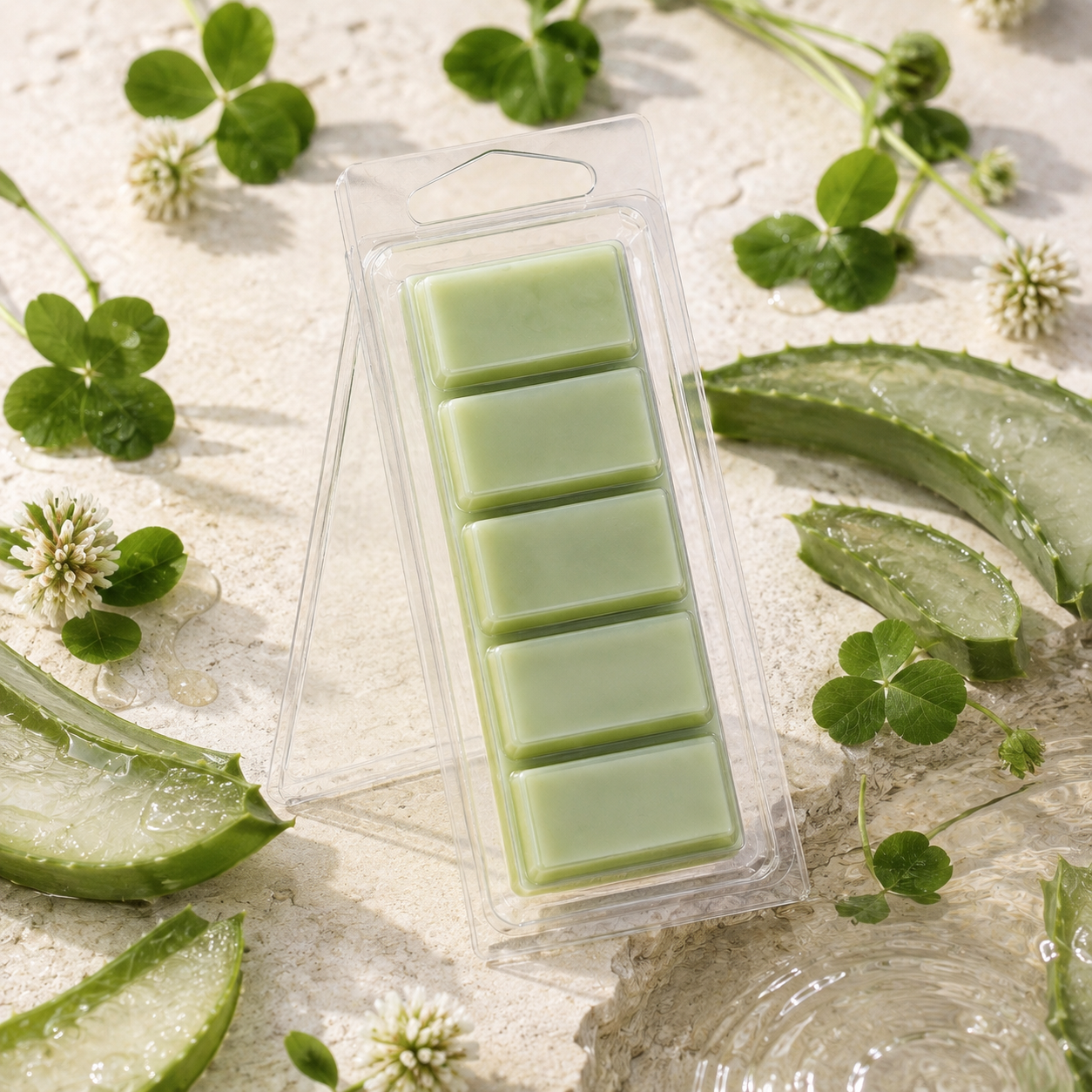 Clover and Aloe five-section Snapbar wax melt in a clear hinged container with fresh botanical styling