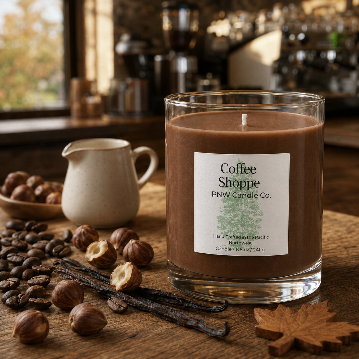 Coffee Shoppe candle by PNW Candle Co with coffee-brown wax, roasted coffee beans, hazelnuts, vanilla, and maple.