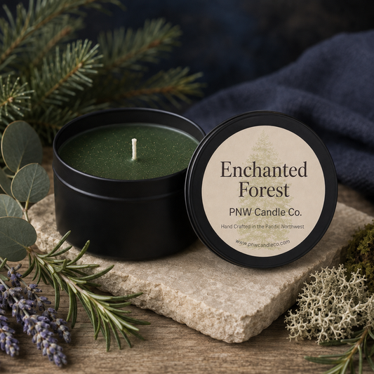 Enchanted Forest scented candle by PNW Candle Co. with forest-green wax, pine, eucalyptus, lavender, rosemary, and moss.