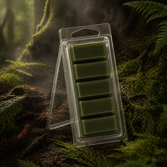 Enchanted Forest five-section Snapbar wax melt in a clear hinged container on a mossy forest floor