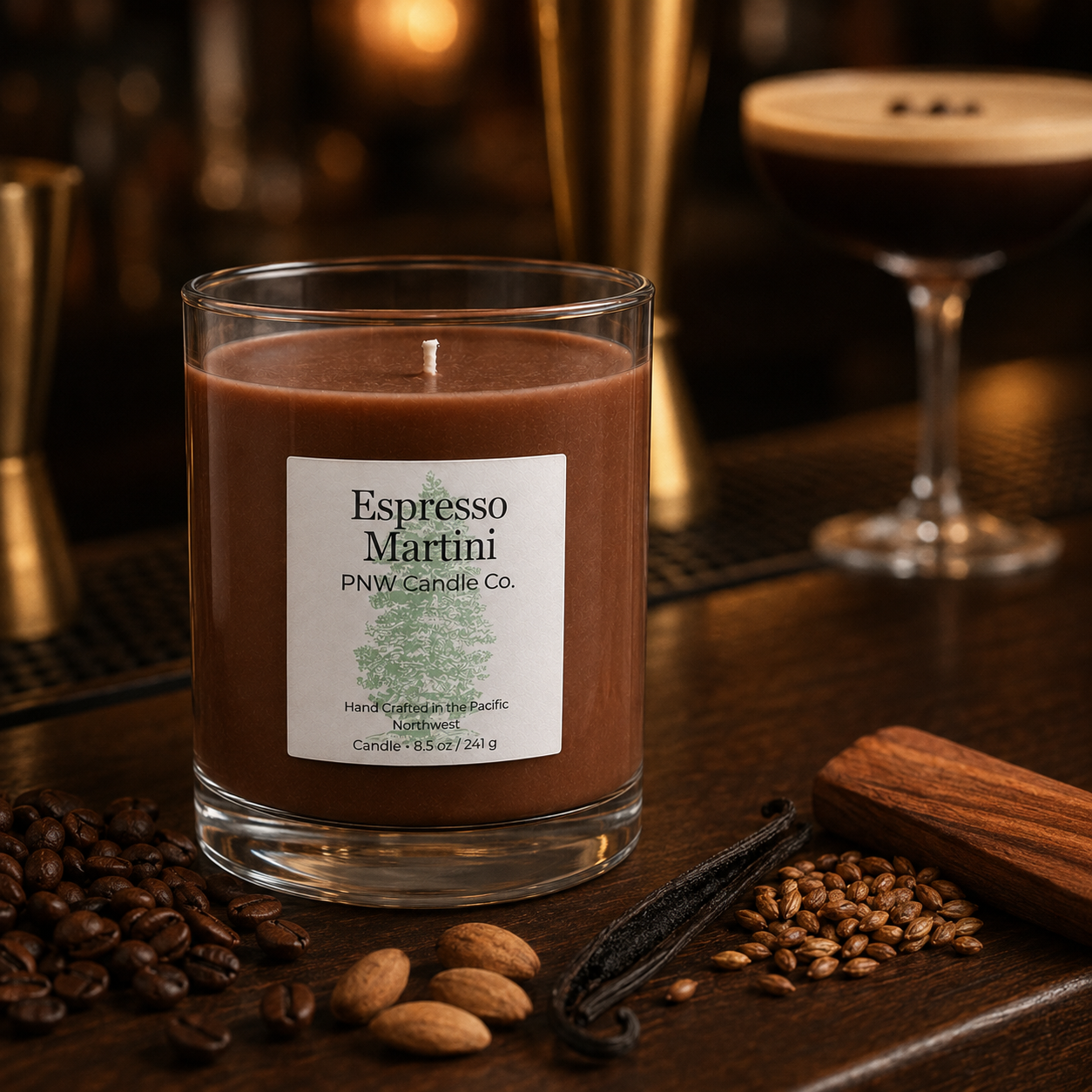 Espresso Martini scented candle by PNW Candle Co with coffee-brown wax, espresso beans, almonds, vanilla, malt, and sandalwood.