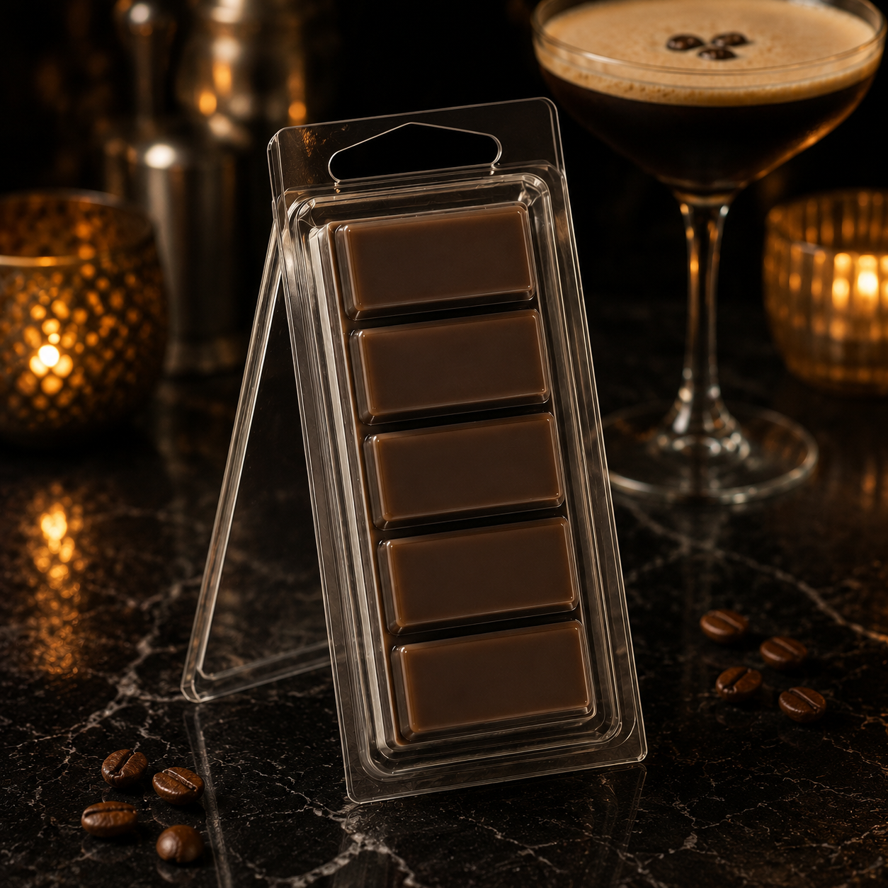 Espresso Martini five-section Snapbar wax melt in a clear hinged container with cocktail-bar styling