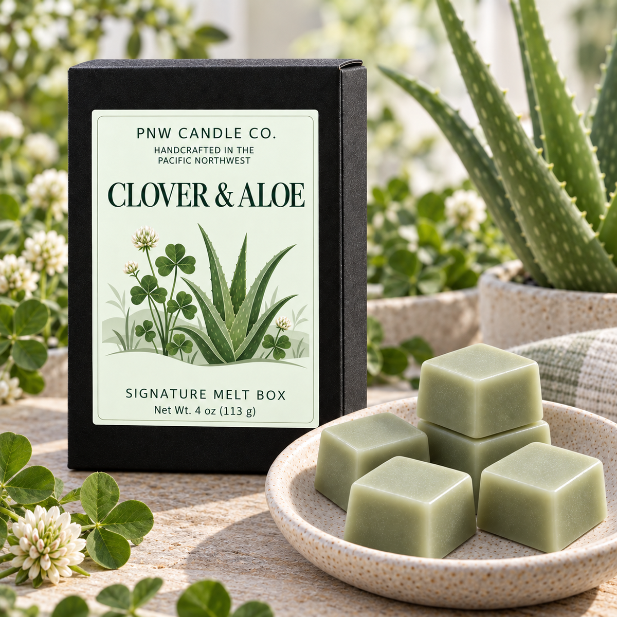 Clover & Aloe wax melts in a fresh botanical scene with clover, aloe and soft greenery.