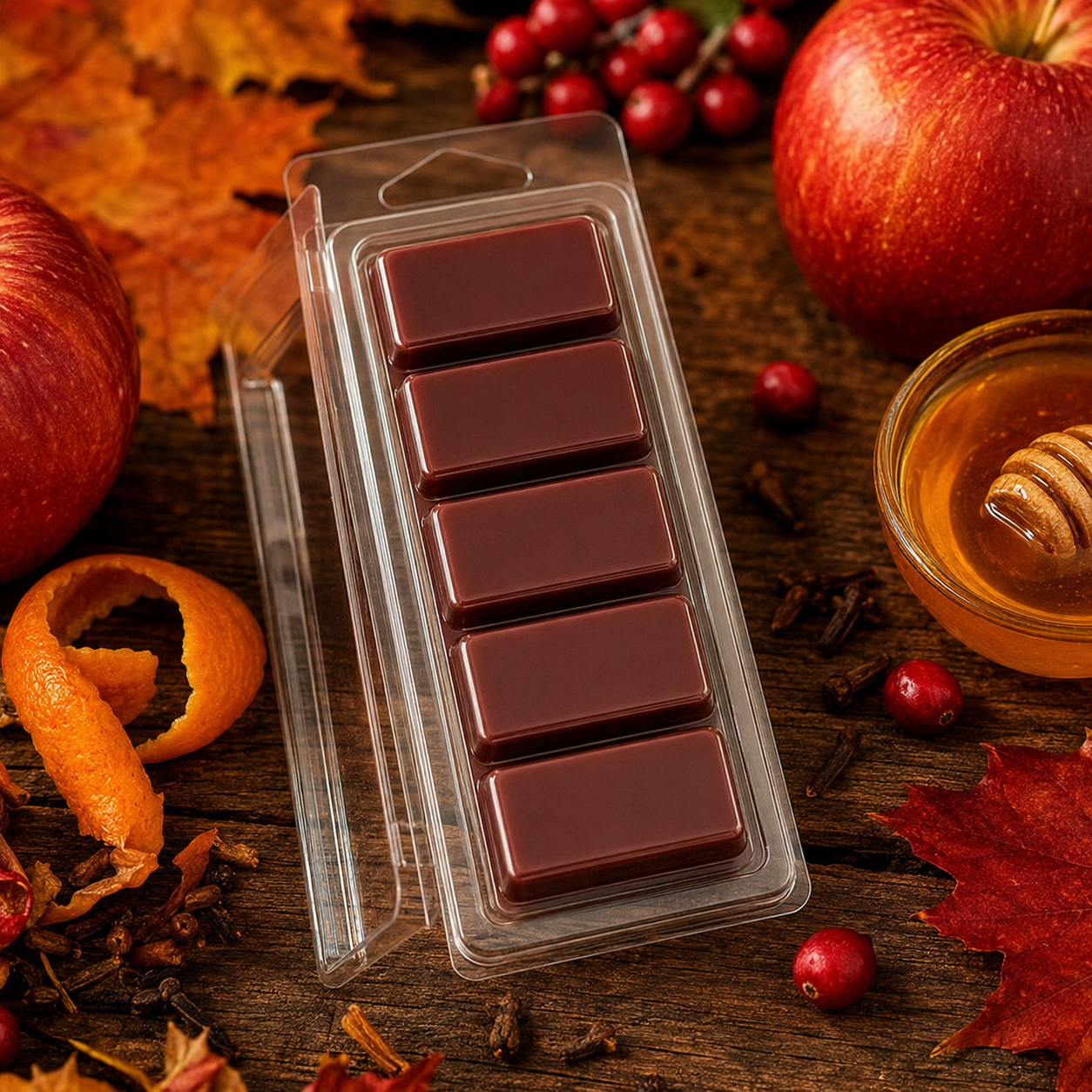 Deep burgundy-brown Fall Harvest five-piece Snapbar with apples, berries, orange and cloves