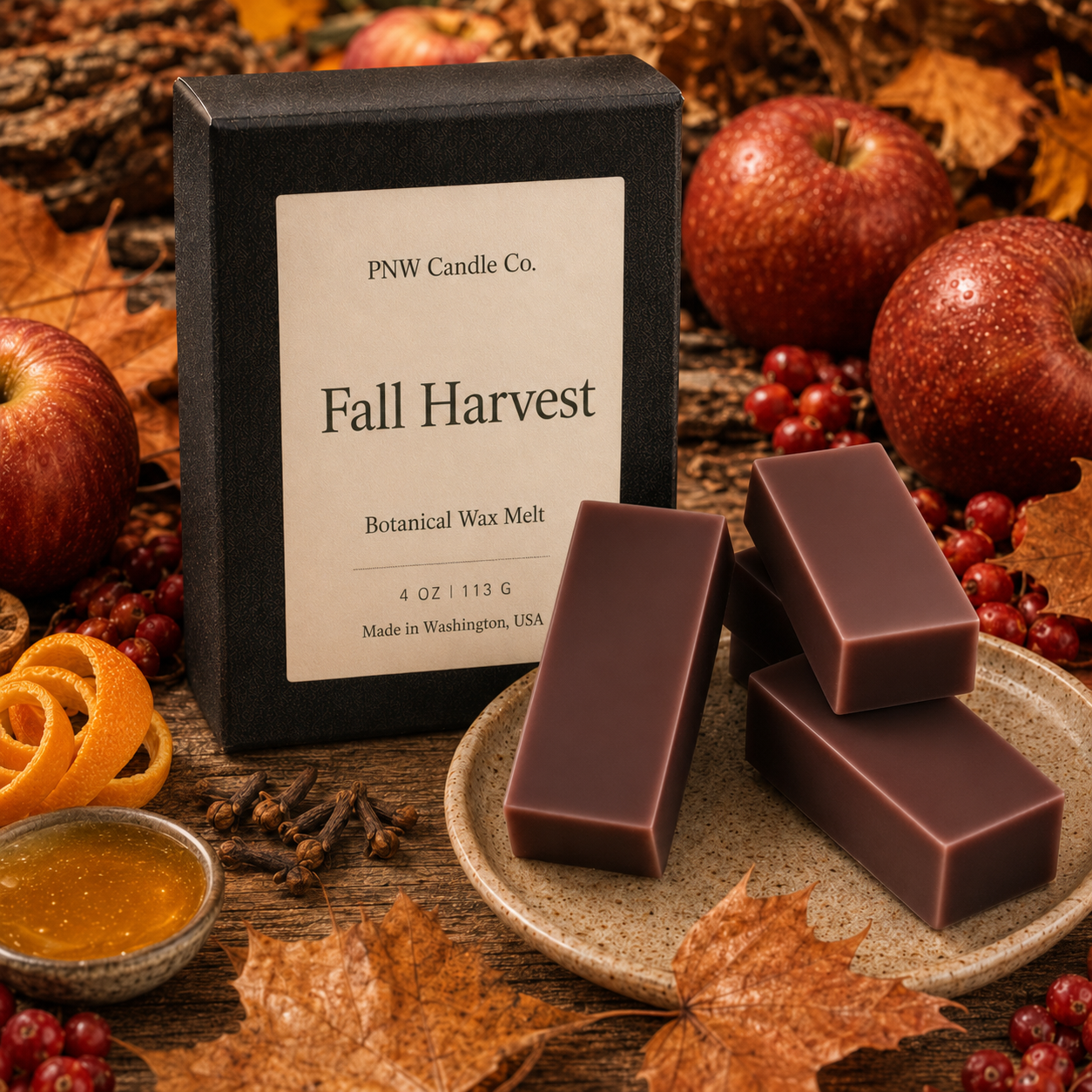 Fall Harvest 4 oz Signature Melt Box with four smooth burgundy-brown wax melts